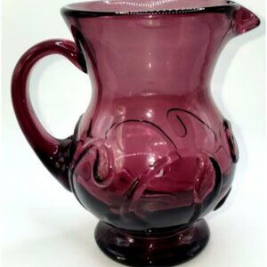 Vtg 1960s Mid-Century Amethyst Purple Rainbow Art Glass Lilypad Scroll Pitcher